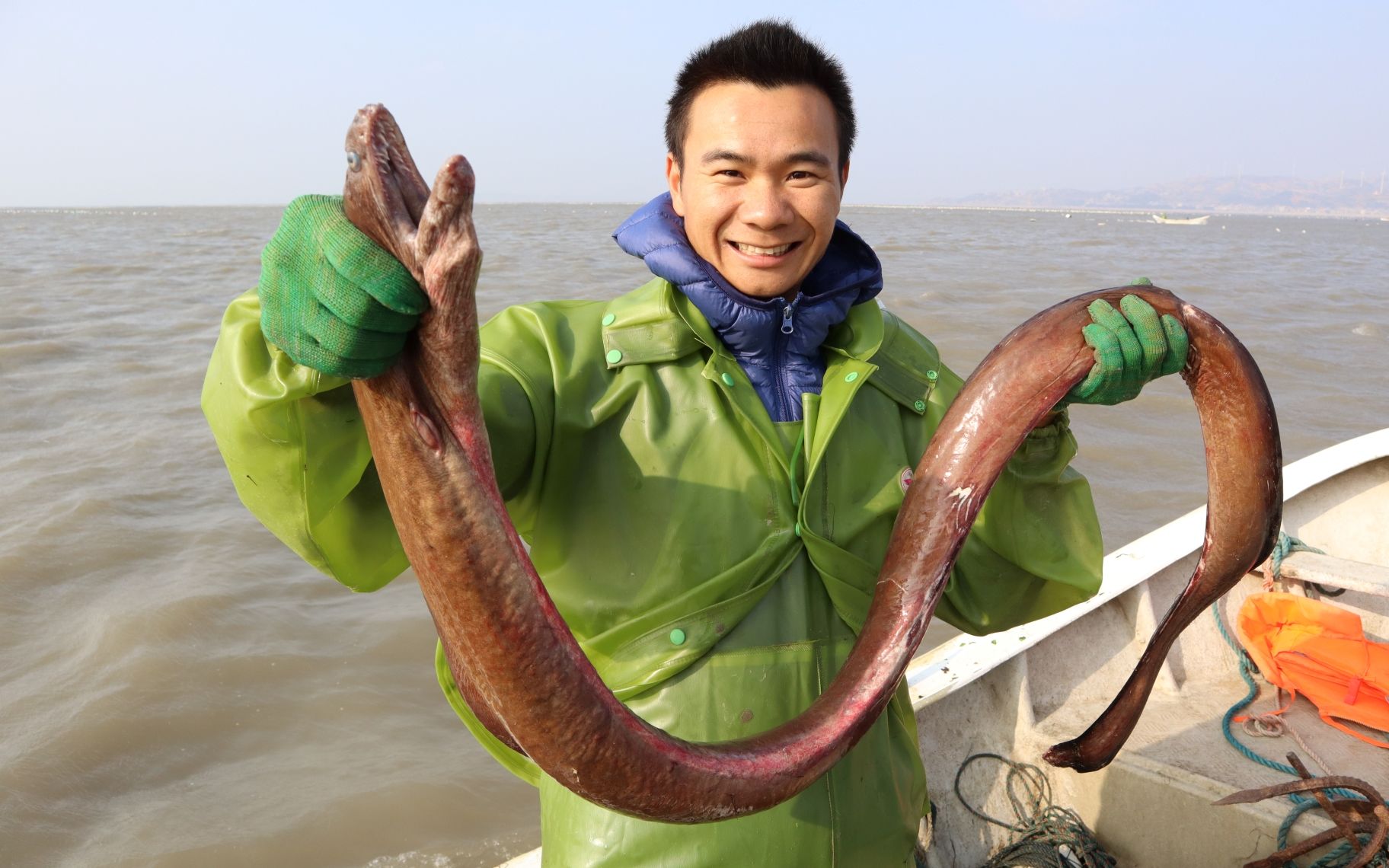 阿烽抓了条红巨鳗快2米长,卖一千多发财了,阔气的给阿鑫分几百