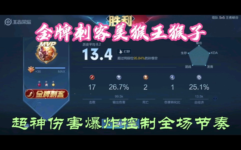 金牌刺客美猴王孙悟空猴子!超神伤害爆炸势不可挡控制全场节奏!