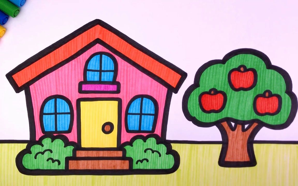 画房子简笔画大树图片