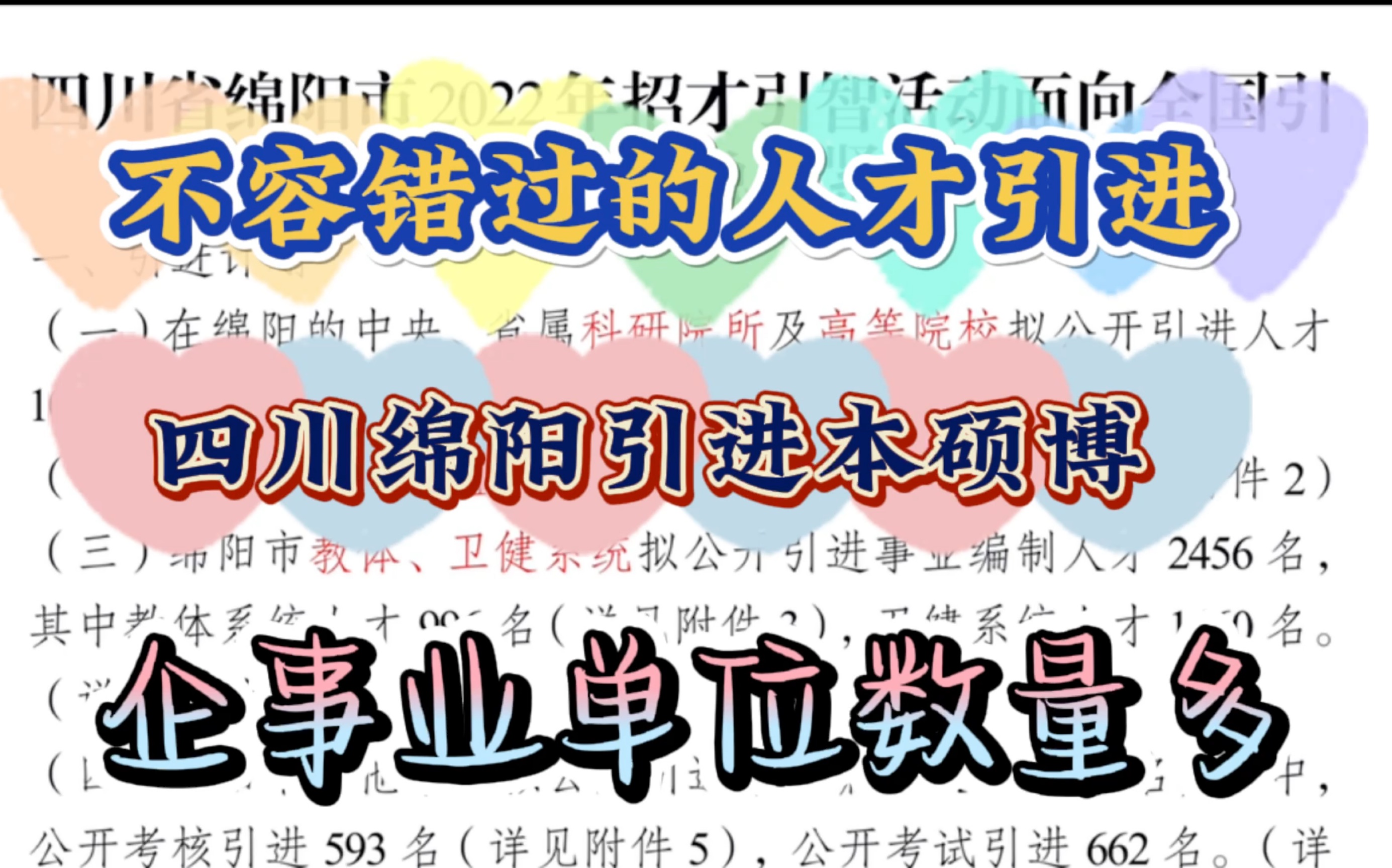 截至目前,人才引进最多的城市,6300+,过了这个村儿就没这个地儿啦!四川绵阳市,包含事业单位、央企、国企、上市、私营等,专本硕博都有岗位!...