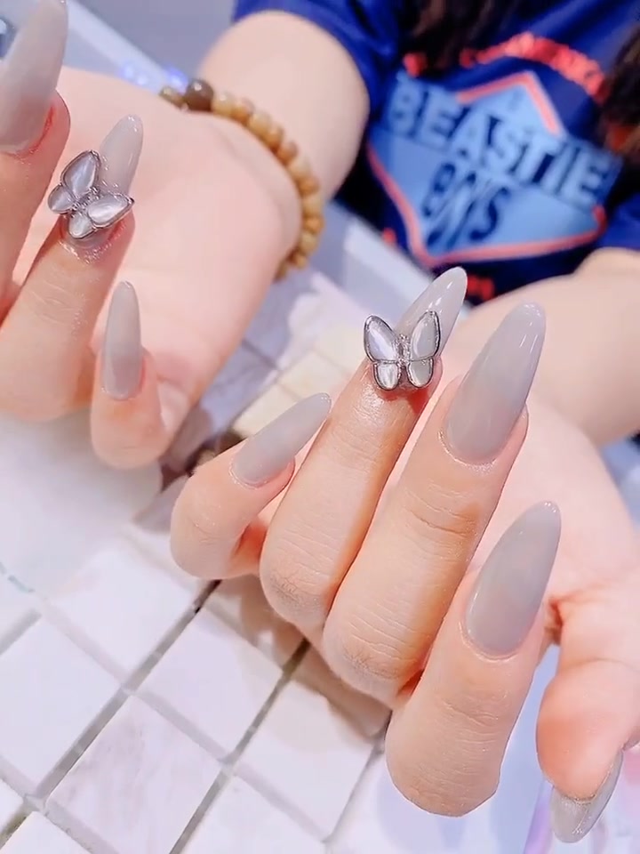 贴甲片 果冻透灰 晶石蝴蝶网红美甲 喜欢你就啵一下