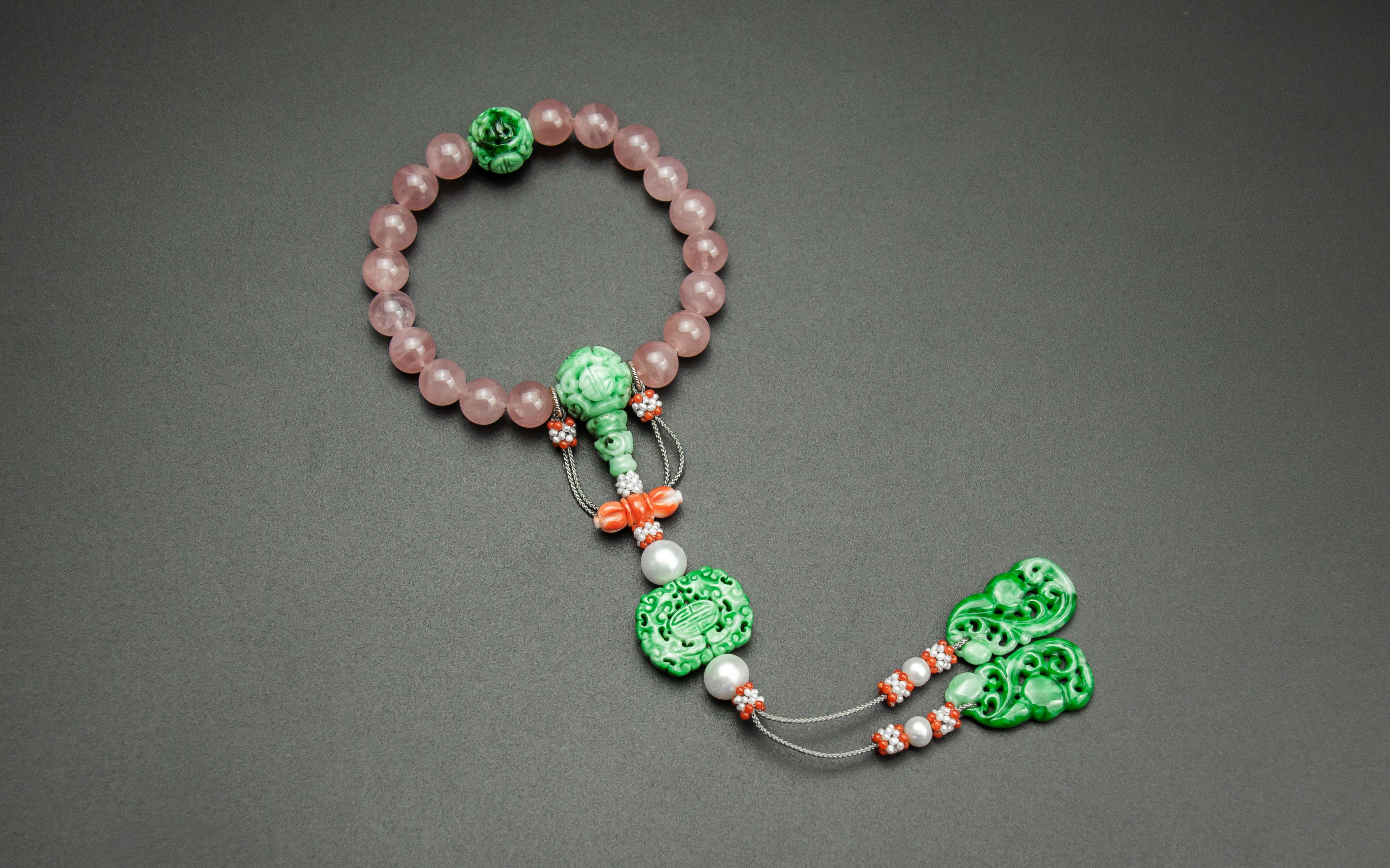 优雅古风 粉水晶翡翠十八子