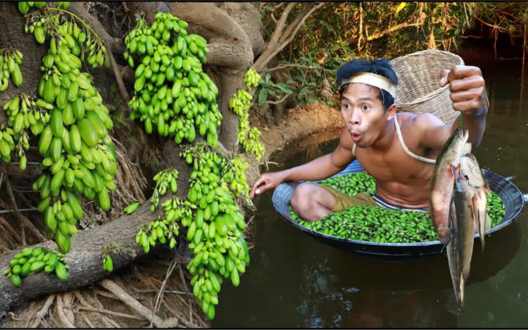 [图]铁锤在野外抓到三条小鱼，又在岸边摘了许多三敛果，晚餐吃烤鱼