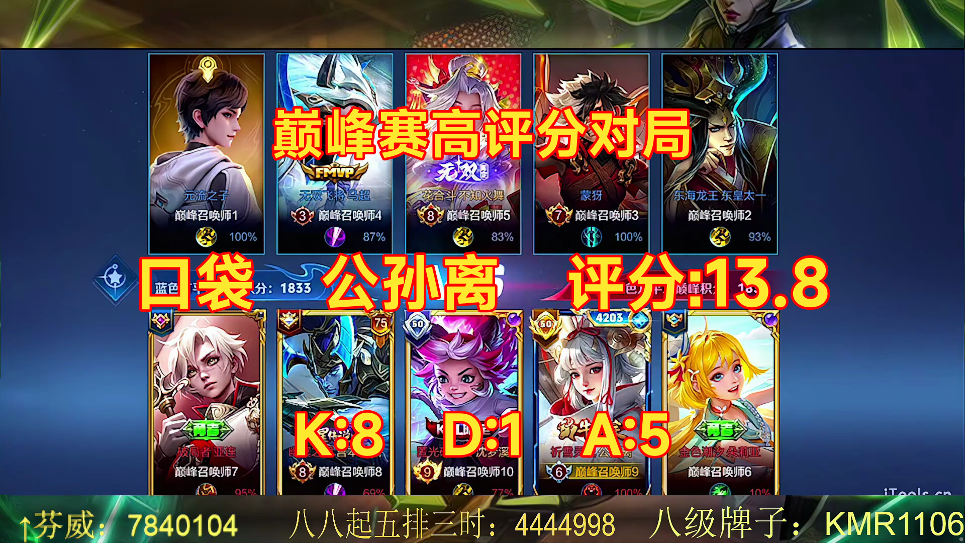 07/11 王者荣耀 口袋 公孙离 巅峰赛高评分对局 评分:13.