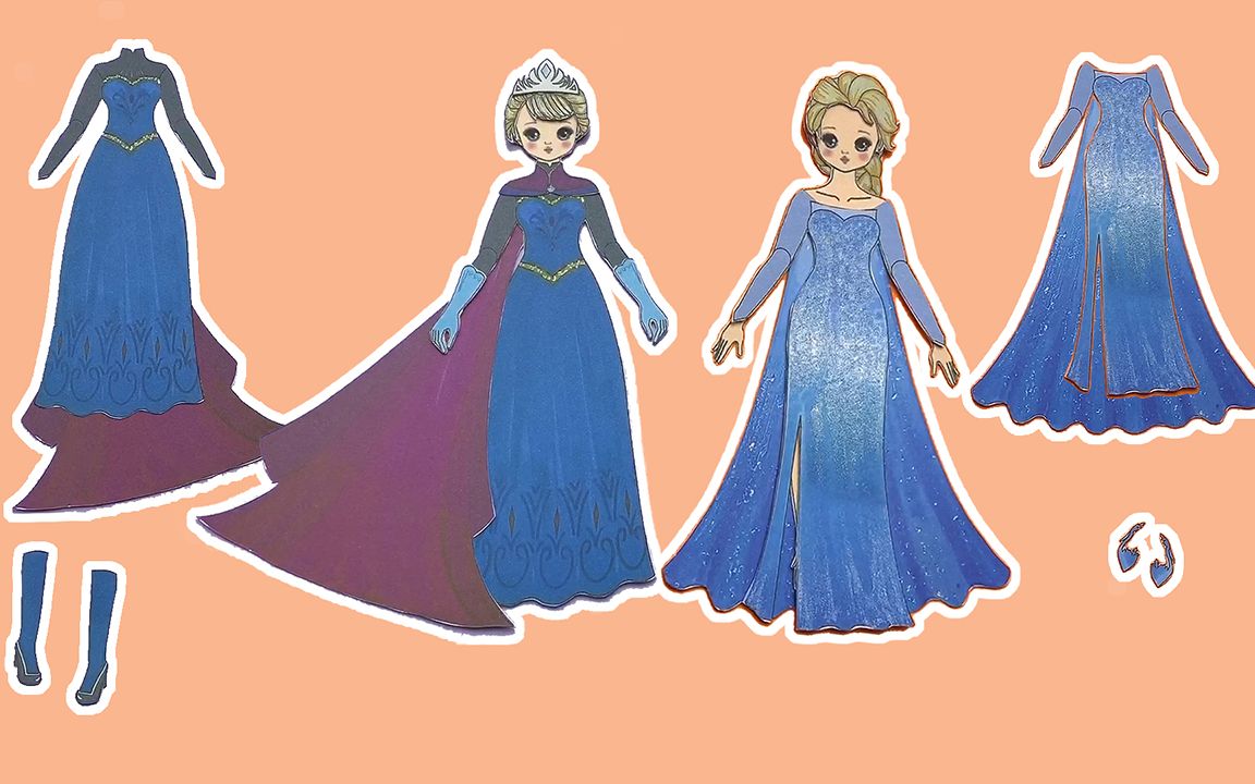 迪士尼冰雪奇缘手工换装贴纸:艾莎公主的冰雪公主裙和加冕裙子很漂亮
