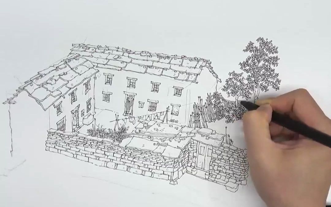 太行山石头房子鸟瞰图的表达#十分速写#写生#手绘