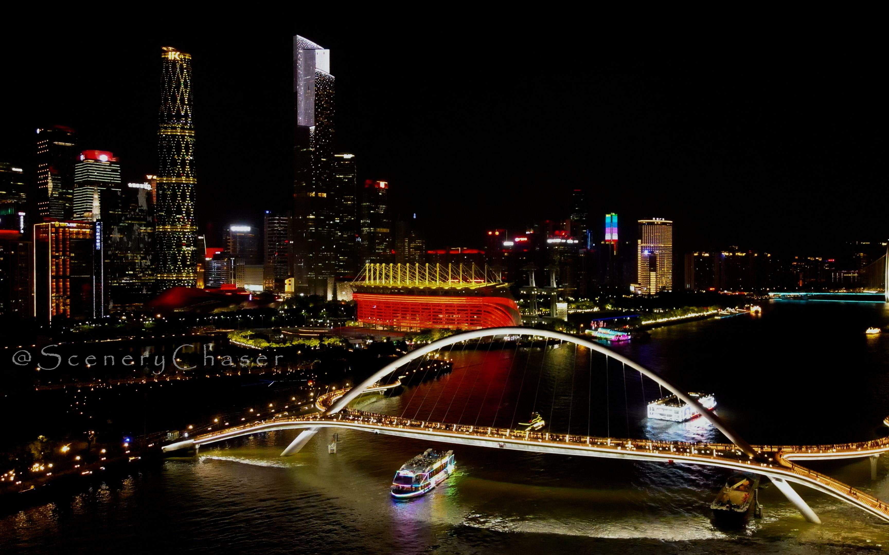 [图]航拍海心桥建成后的广州珠江两岸夜景，中国第一城市夜景