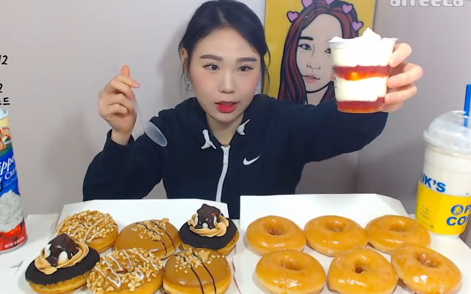 韩国吃播卡妹吃面包系列 krispy甜甜圈花生酱_哔哩哔哩 (゜-゜)つロ