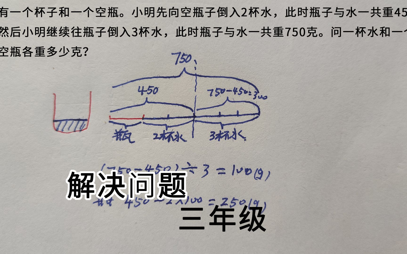 三年级数学,解决问题,问一杯水和一个空瓶各重多少克?哔哩哔哩bilibili