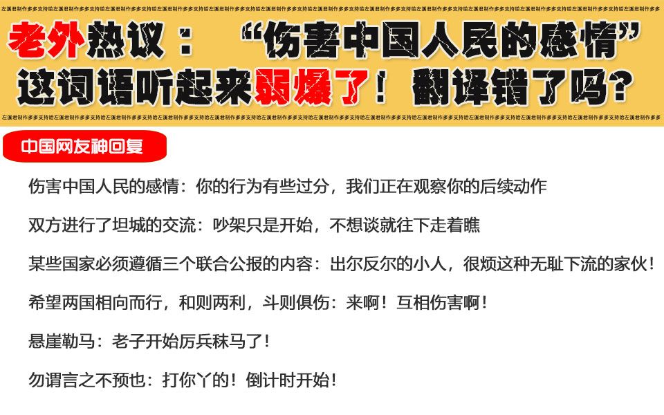 [图]老外热议：“伤害中国人民的感情”这句话弱爆了！是翻译错了吗？