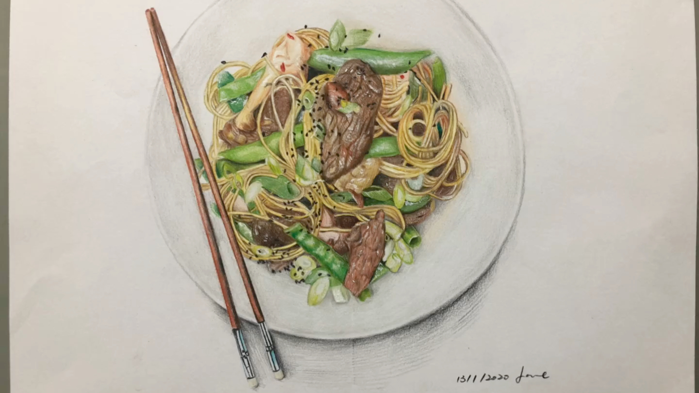 牛肉炒面彩铅手绘