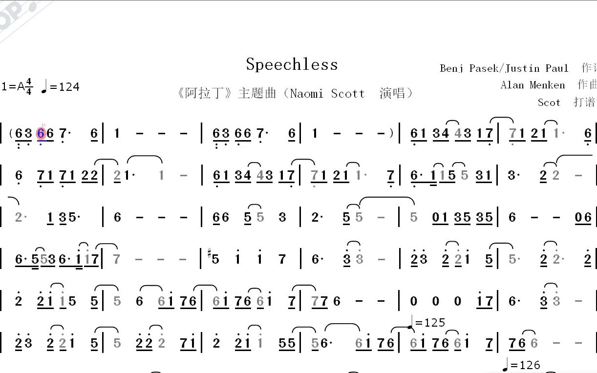 【阿拉丁插曲】speechless(naomi scott演唱)--动态简谱