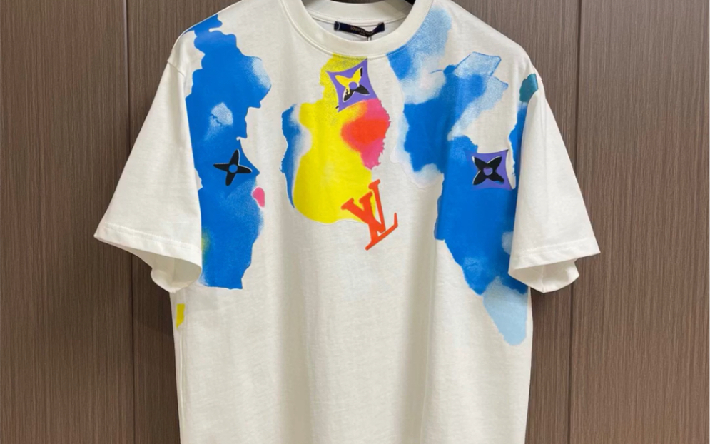 一下高仿lv路易威登2023ss手绘涂鸦卡通字母扎染 logo 圆领短袖t恤