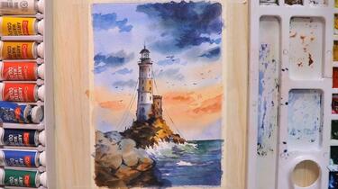 水彩画(海景)№43 海滩日出水彩画--Javid Tabatabaei_哔哩哔哩_bilibili