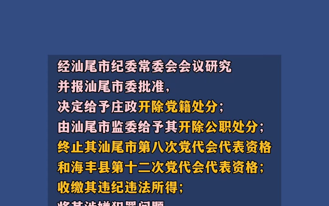 汕尾市海丰县委原常委庄政被双开哔哩哔哩bilibili