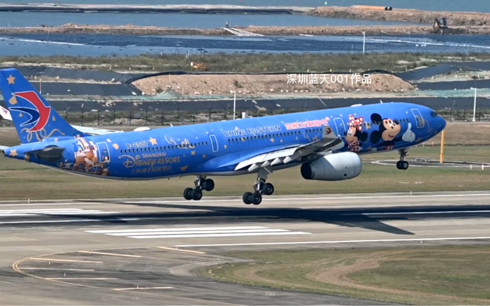 东航"上海迪士尼度假村"a330彩绘机降落深圳机场情景.