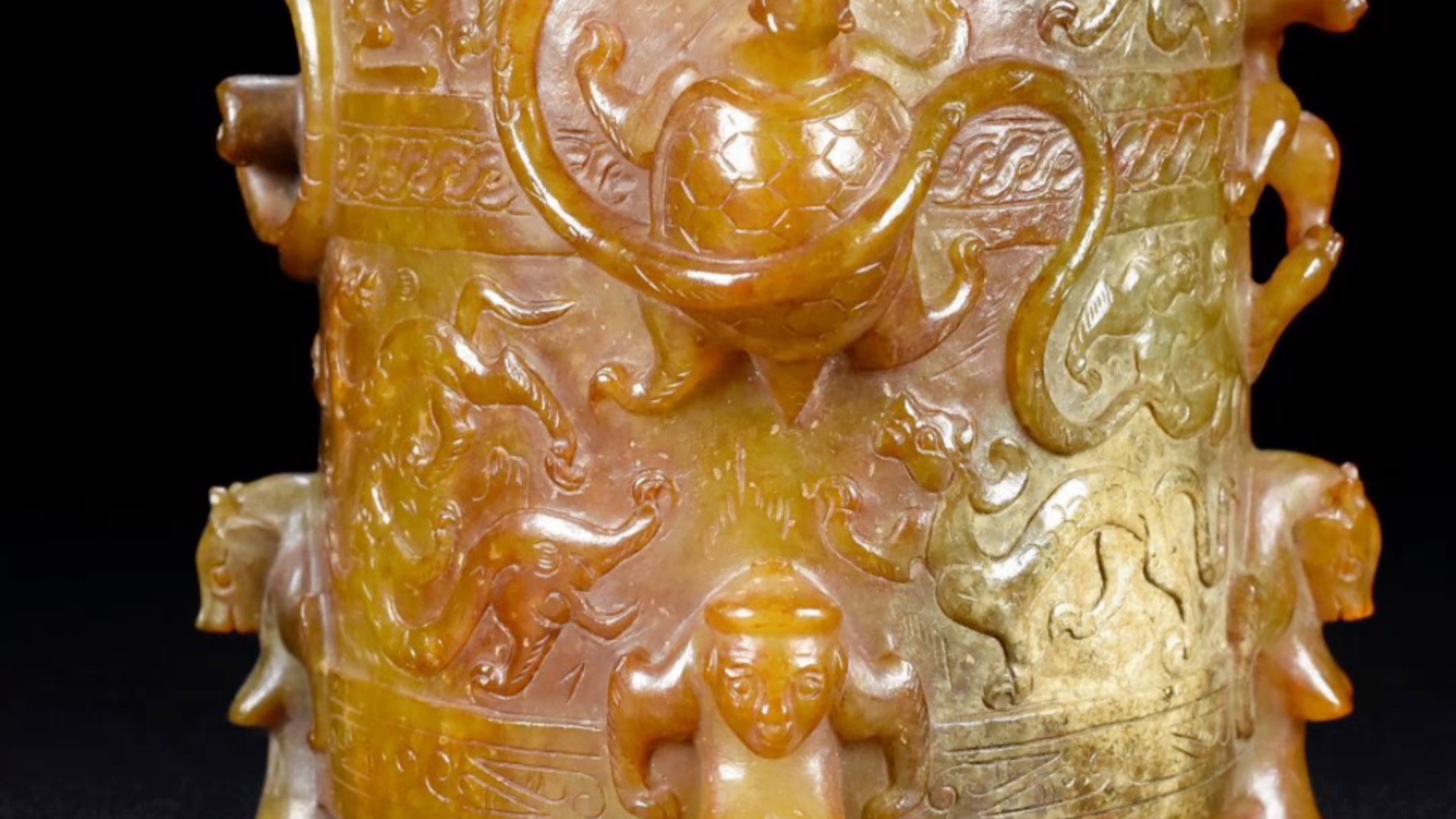 古玉老玉汉代和田玉生坑满沁高浮雕玉罐