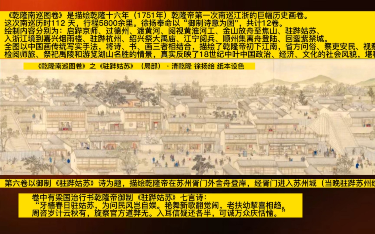 [图]《乾隆南巡图卷》是描绘乾隆十六年（1751年）乾隆帝第一次南巡江浙的巨幅历史画卷。这次南巡历时112 天，行程5800 余里。徐扬以“御制诗意为图"，共计12卷