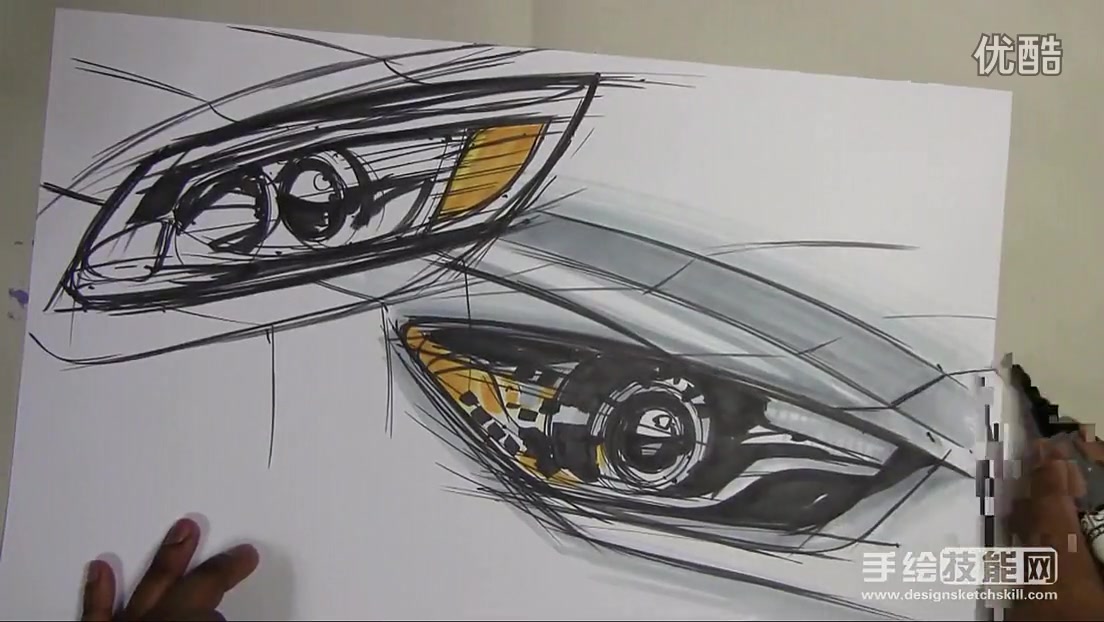 汽车车灯线稿马克笔上色渲染教程_超清