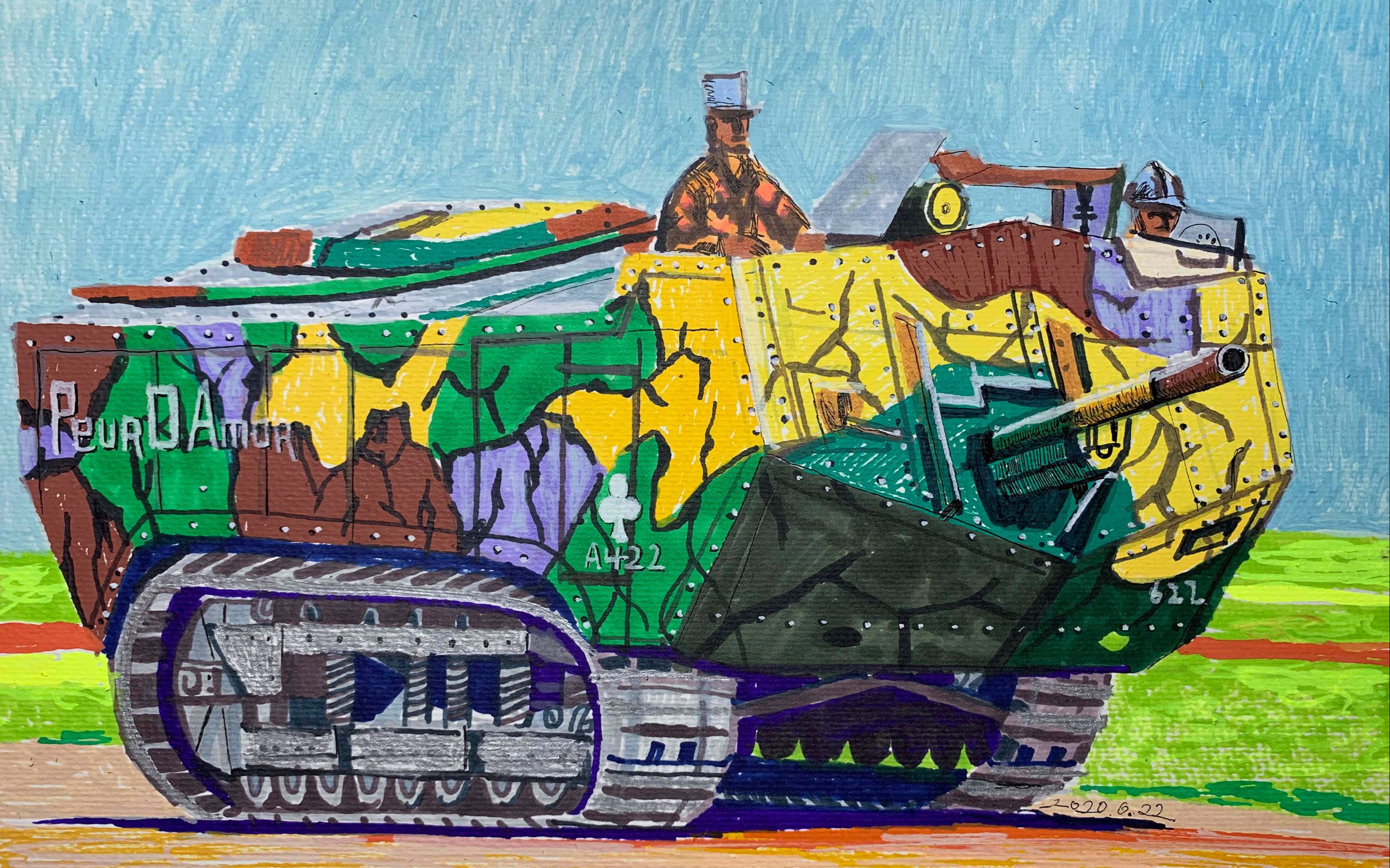 马克笔手绘画个法国一战圣夏蒙坦克过程简单上手不难