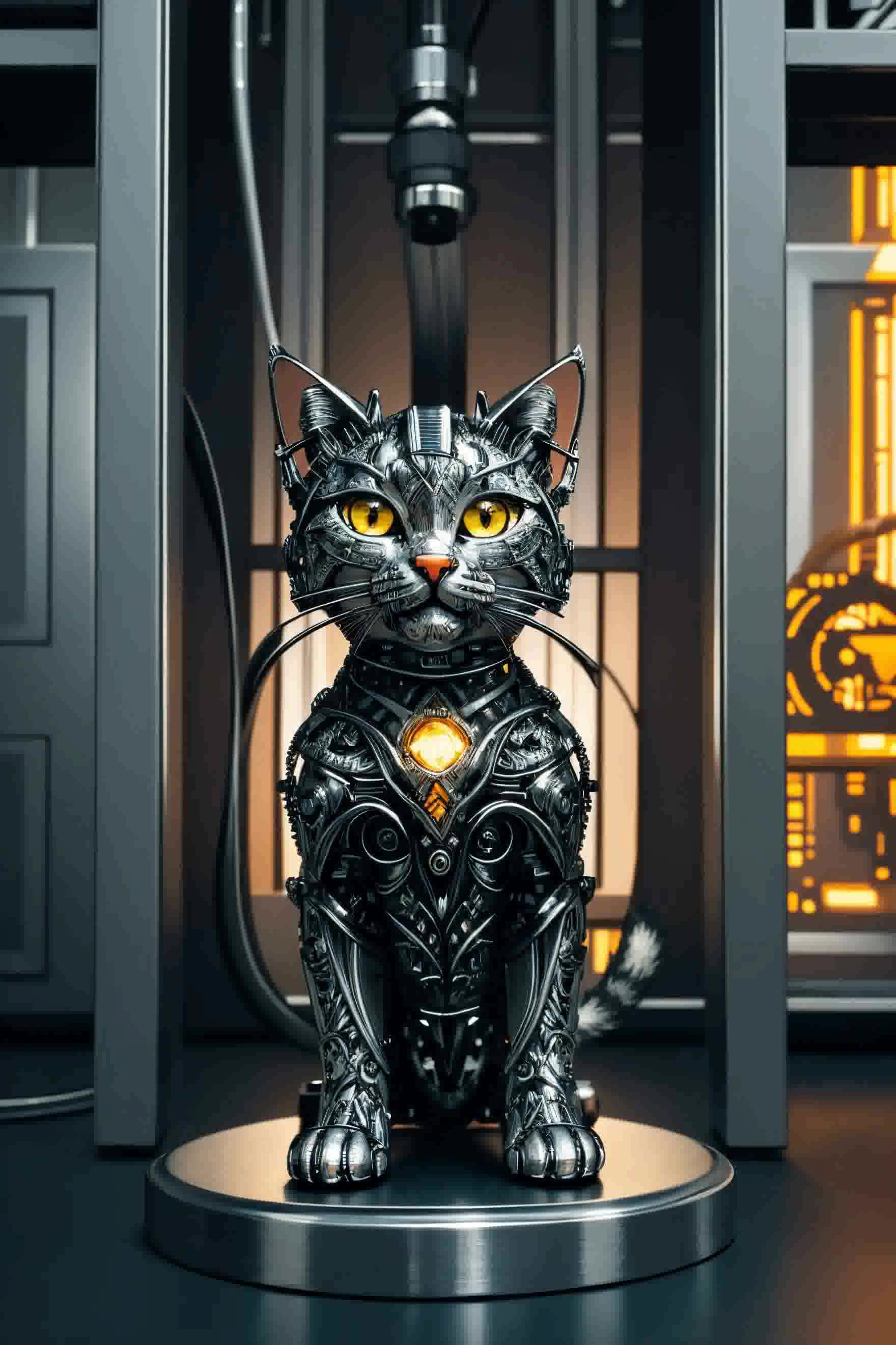 用金属制成的可爱小猫机器人赛博朋克风格复