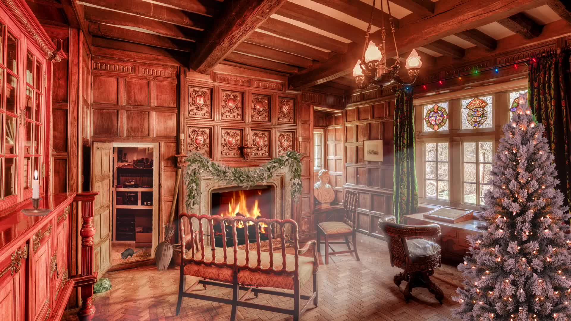 白噪音学习向放松圣诞节之温暖的小屋壁炉烧火窗外飘着雪花