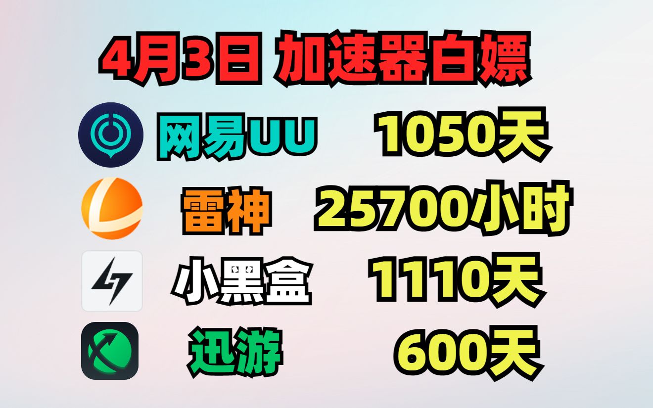 UU加速器4月3日免费白嫖1050天,雷神25700小时!小黑盒1110天!迅游/NN/炽焰 天卡周卡月卡 人手一份!哔哩哔哩bilibili游戏资讯