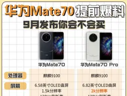 Tải video: 其实关于华为mate70的消息还不少。华为mate70 系列将搭载新款的麒麟处理器，型号预估是9100，性能方面对比mate60预估有20%左右的提升。