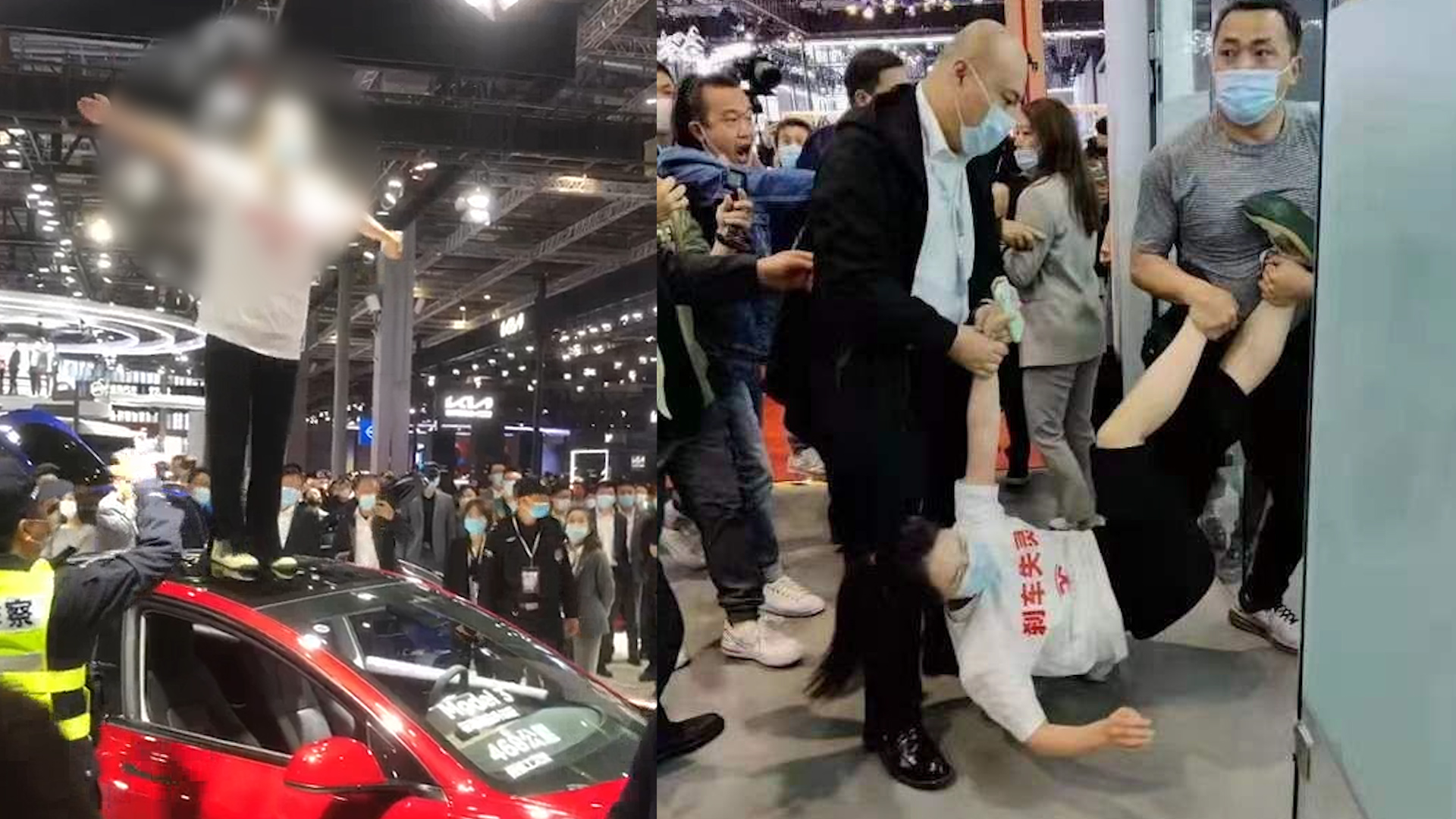 特斯拉"女子车展闹事",警方通报:强行爬上车顶女子行拘5日_哔哩哔哩