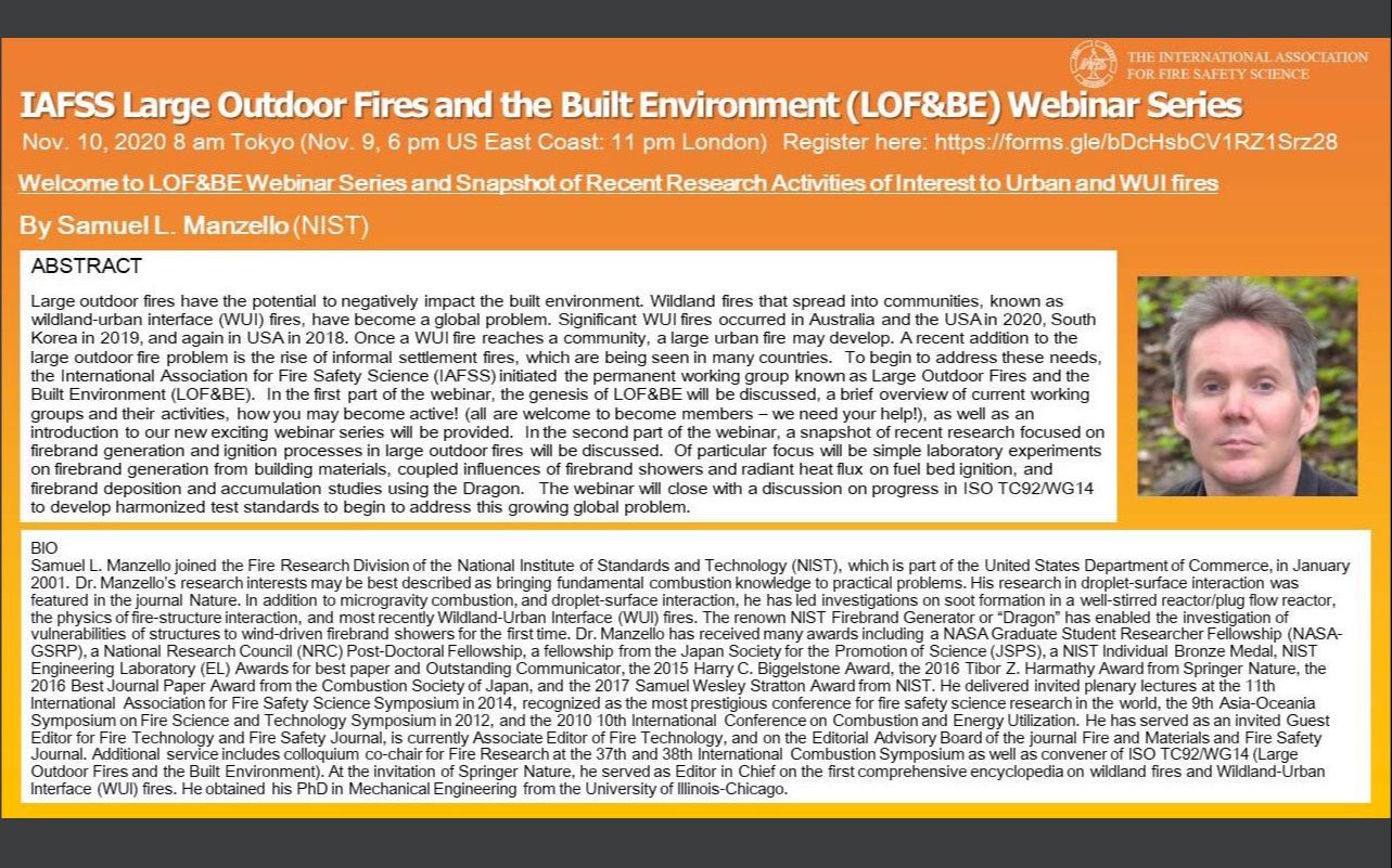 [图]【IAFSS】大型户外火灾及建筑环境(LOF&BE)网络研讨会及研究进展概览_Samuel L.Manzello (NIST)