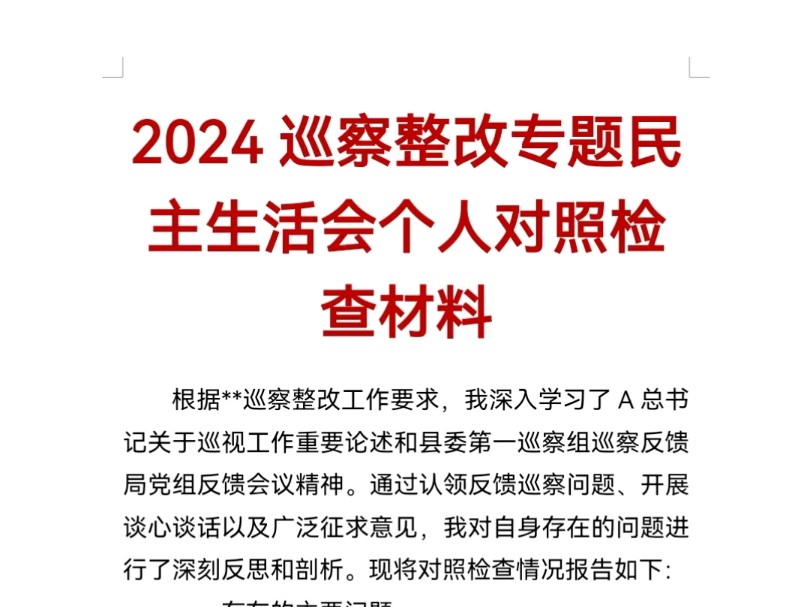 2024巡察整改专题民主生活会个人对照检查材料哔哩哔哩bilibili