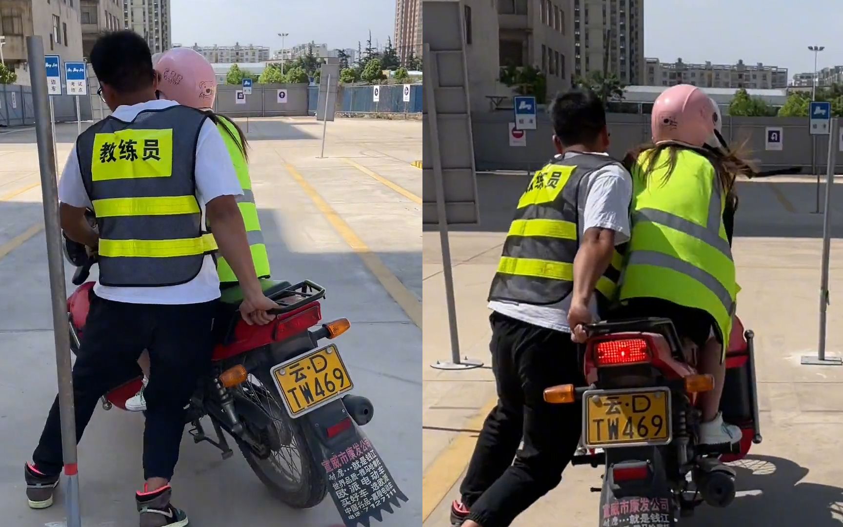 女子学习摩托车的绕杆技巧,教练全程扶着累到满头大汗,画面爆笑