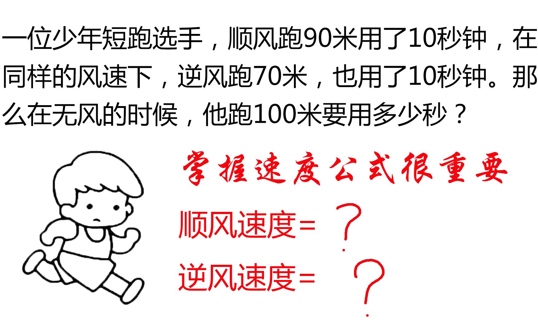 【小学数学】奥数题:顺风跑90米用了10秒钟,在同样的风速下,逆风跑70米,也用了10秒钟.问:在无风的时候,他跑100米要用多少秒?哔哩哔哩bilibili