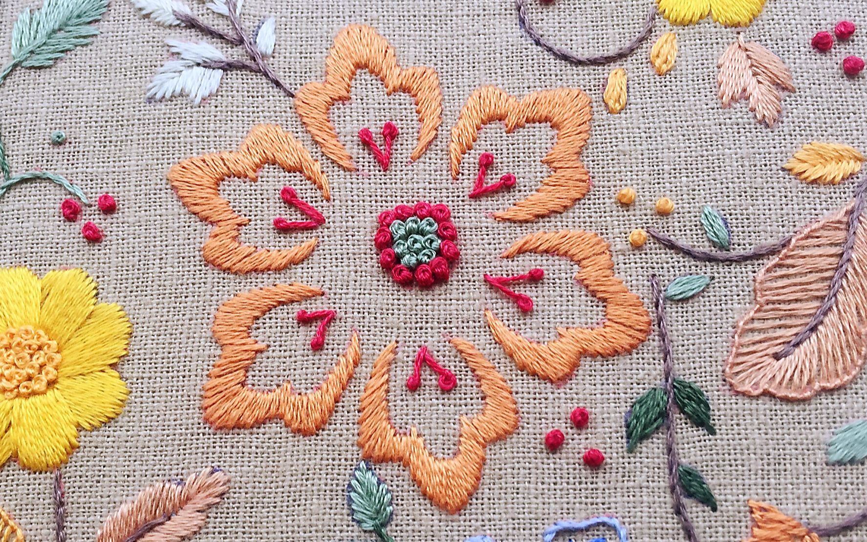 手工刺绣,绣缎面绣前先勾边,绣出的花瓣边缘突起有立体感