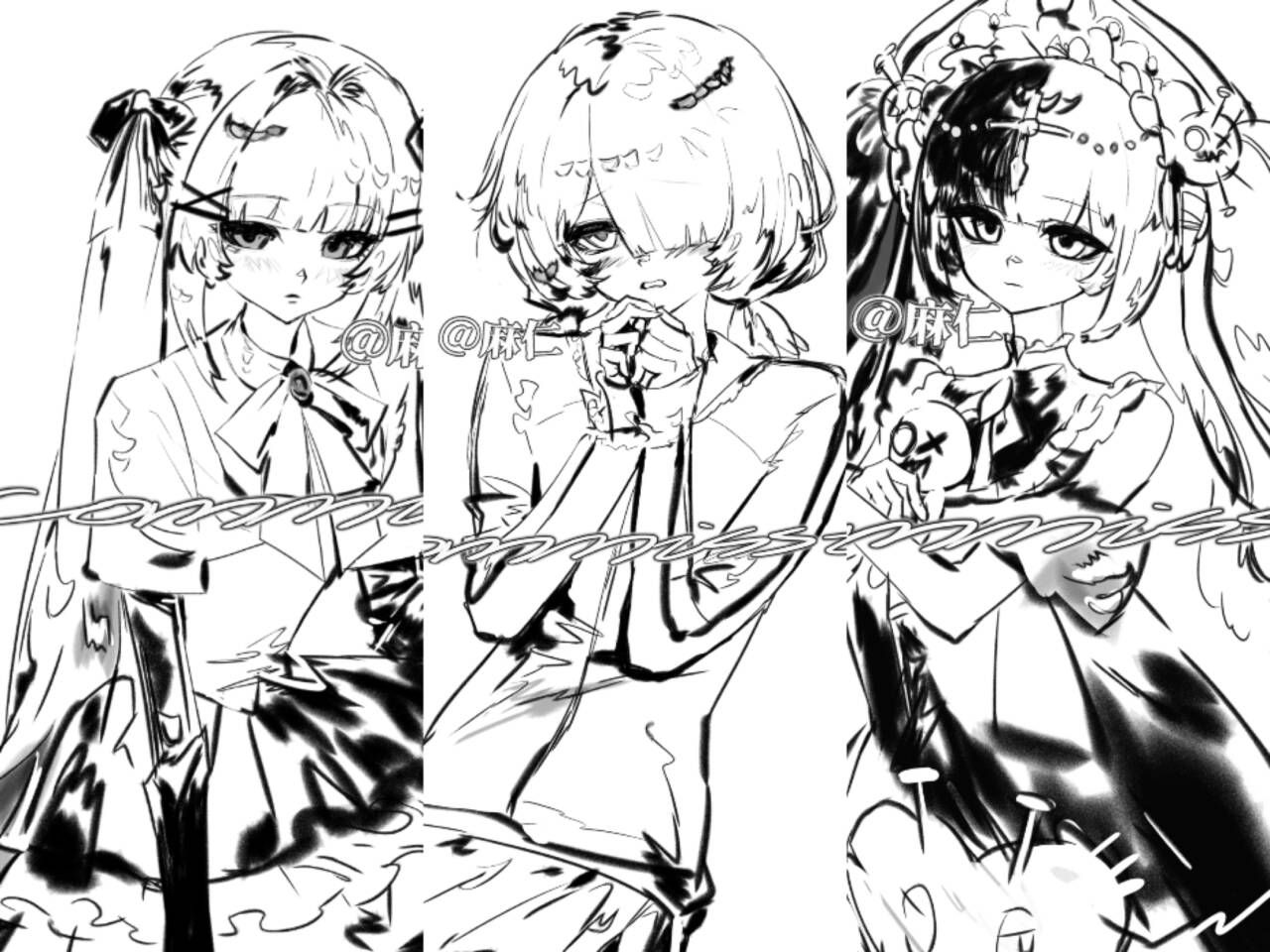【绘画过程】黑白摸鱼*3
