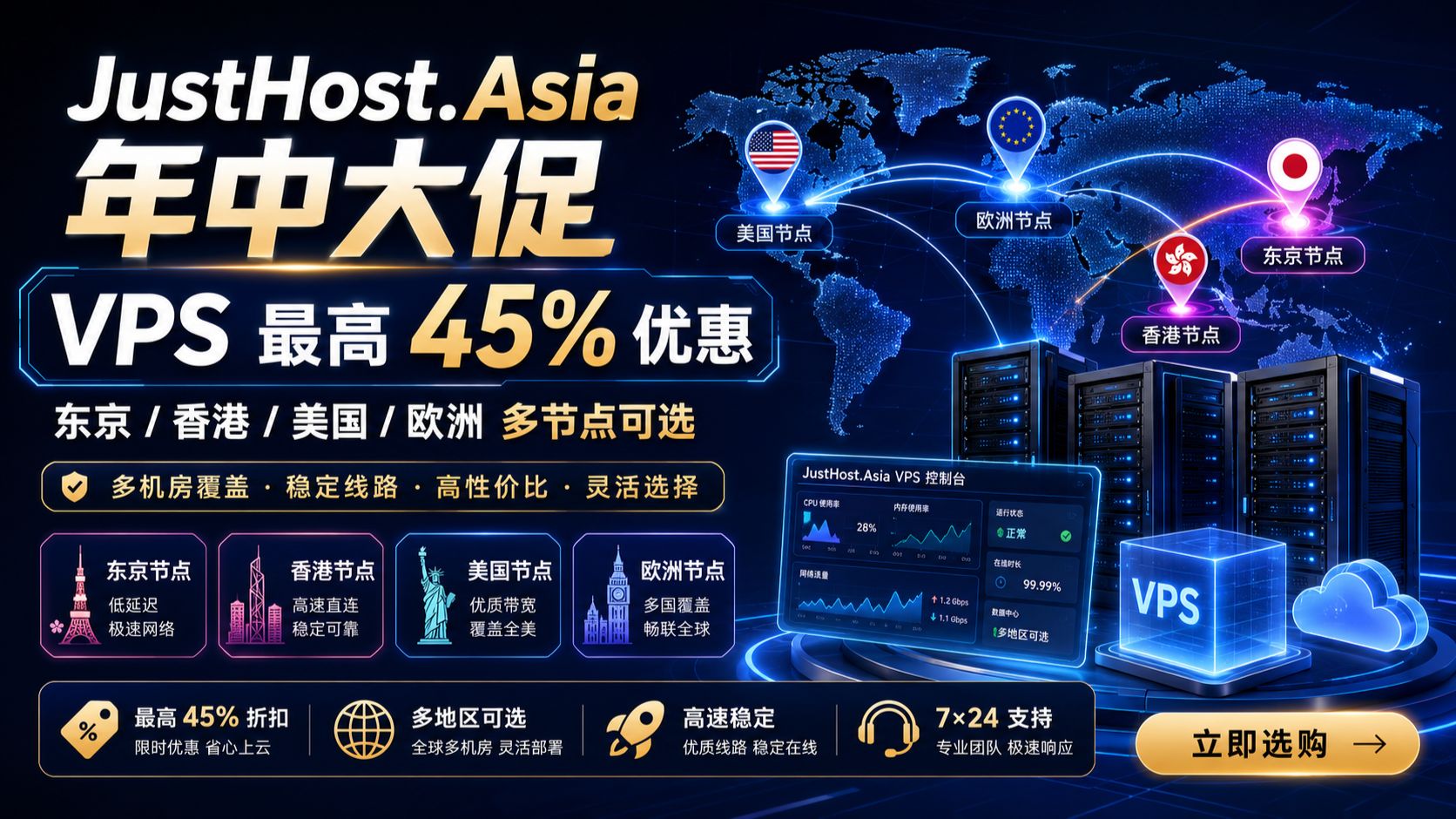🔥JustHost.Asia 年中大促!VPS 直降 45% 港 / 日 / 美 / 欧洲多机房任选