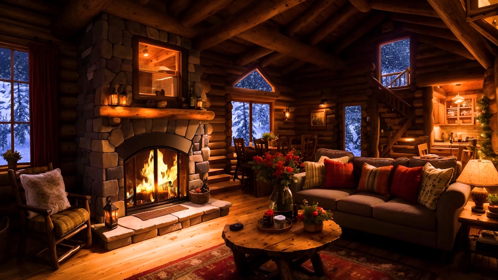 放松的雪夜氛围壁炉噼啪作响在舒适的木屋里深度入睡