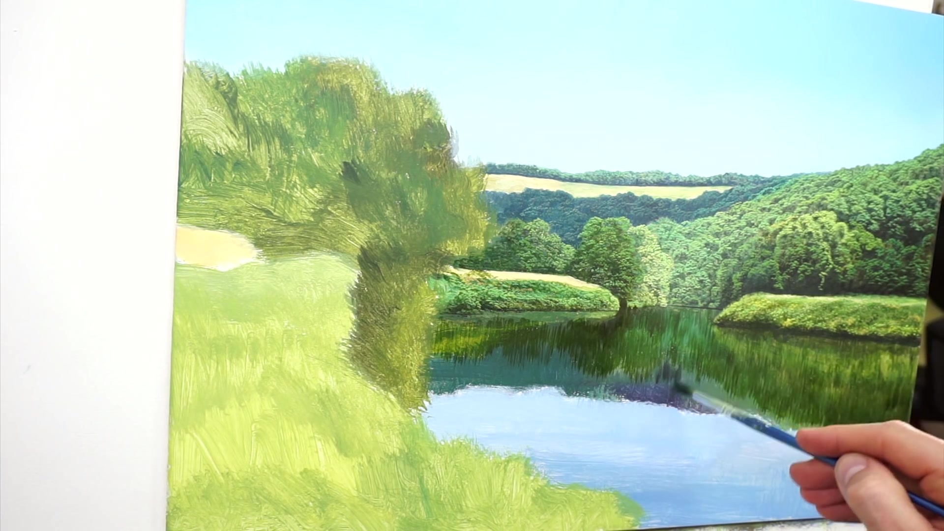 油画风景教程远山湖面 painting the river wye in oil oil painting