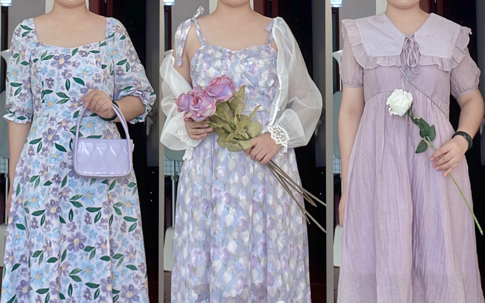 【174cm 140斤】高个子梨形身材 紫色系连衣裙穿搭_哔哩哔哩_bilibili