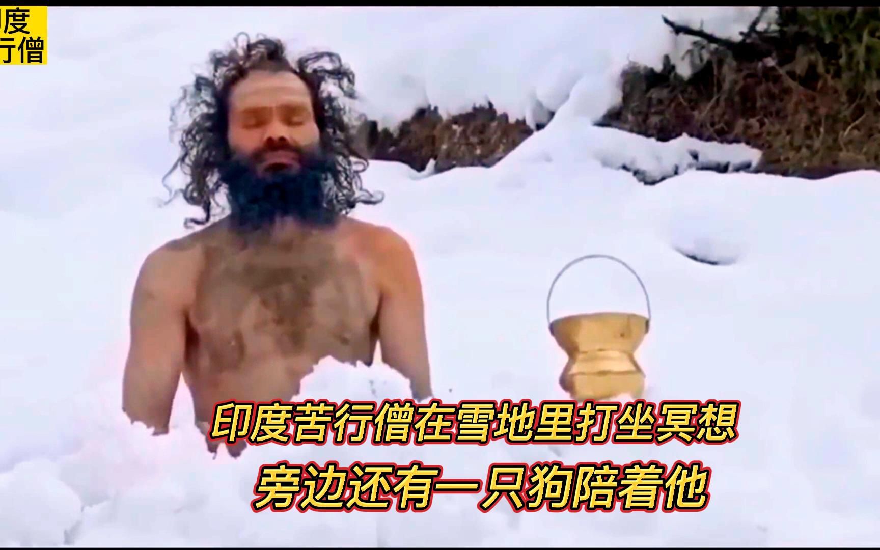 神秘的印度苦行僧,光着身在雪地里打坐冥想,身边还有一只狗陪伴哔哩哔哩bilibili