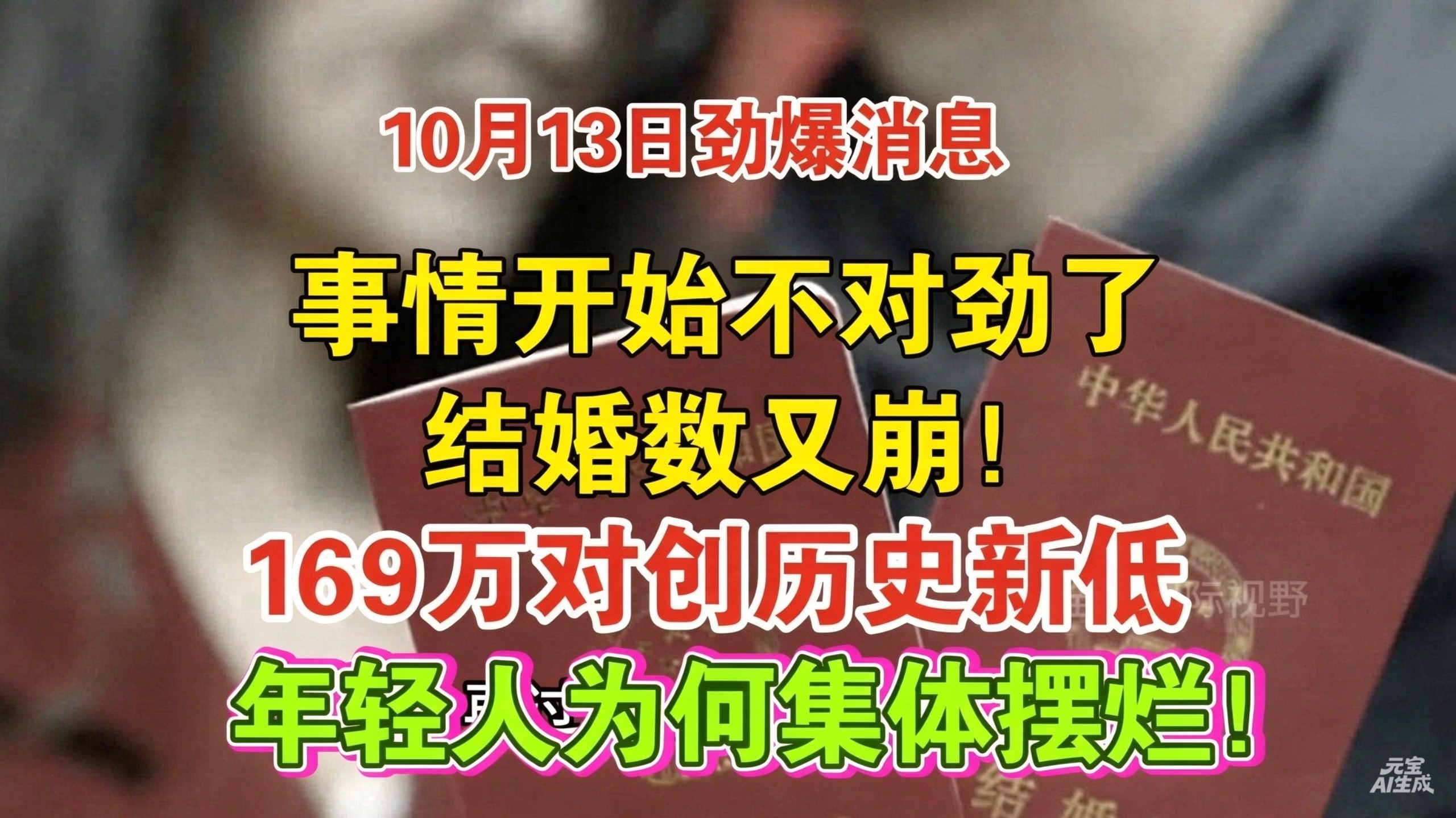 10.13劲爆消息！结婚数又崩！169万对创历史新低，年轻人为何集体摆烂！