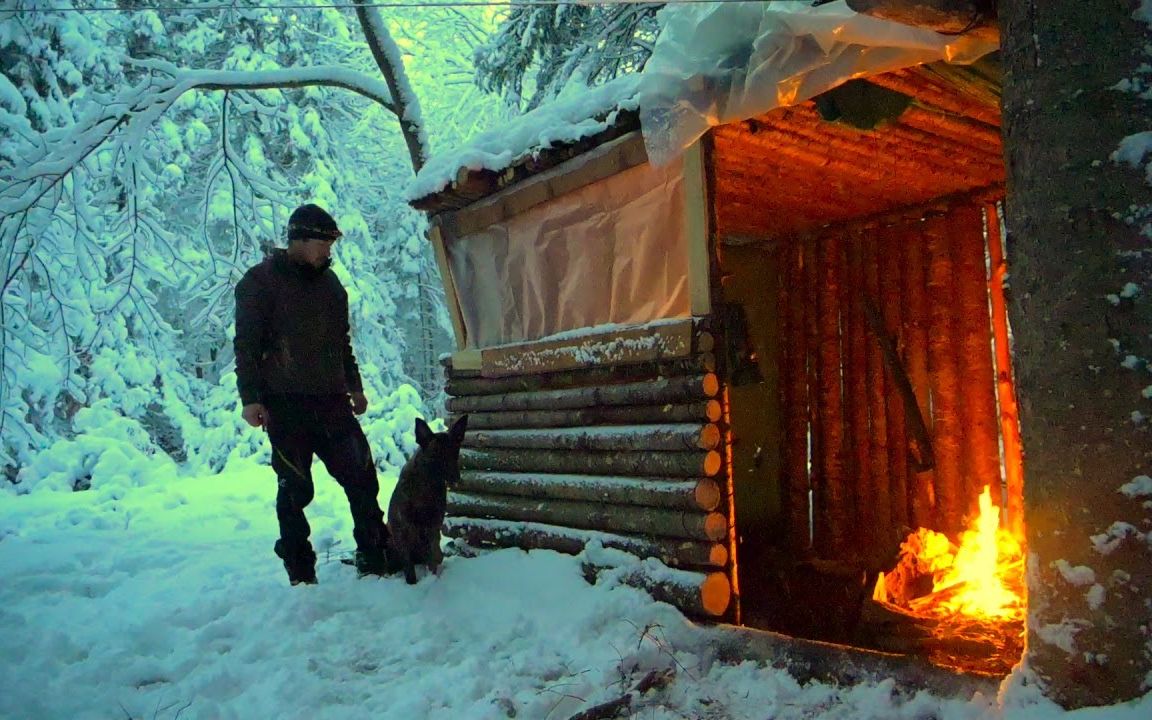 [图]冬天，在树林里的堡垒里露营，和一只狗在一场暴风雪中宿营，（大家新年快乐！）