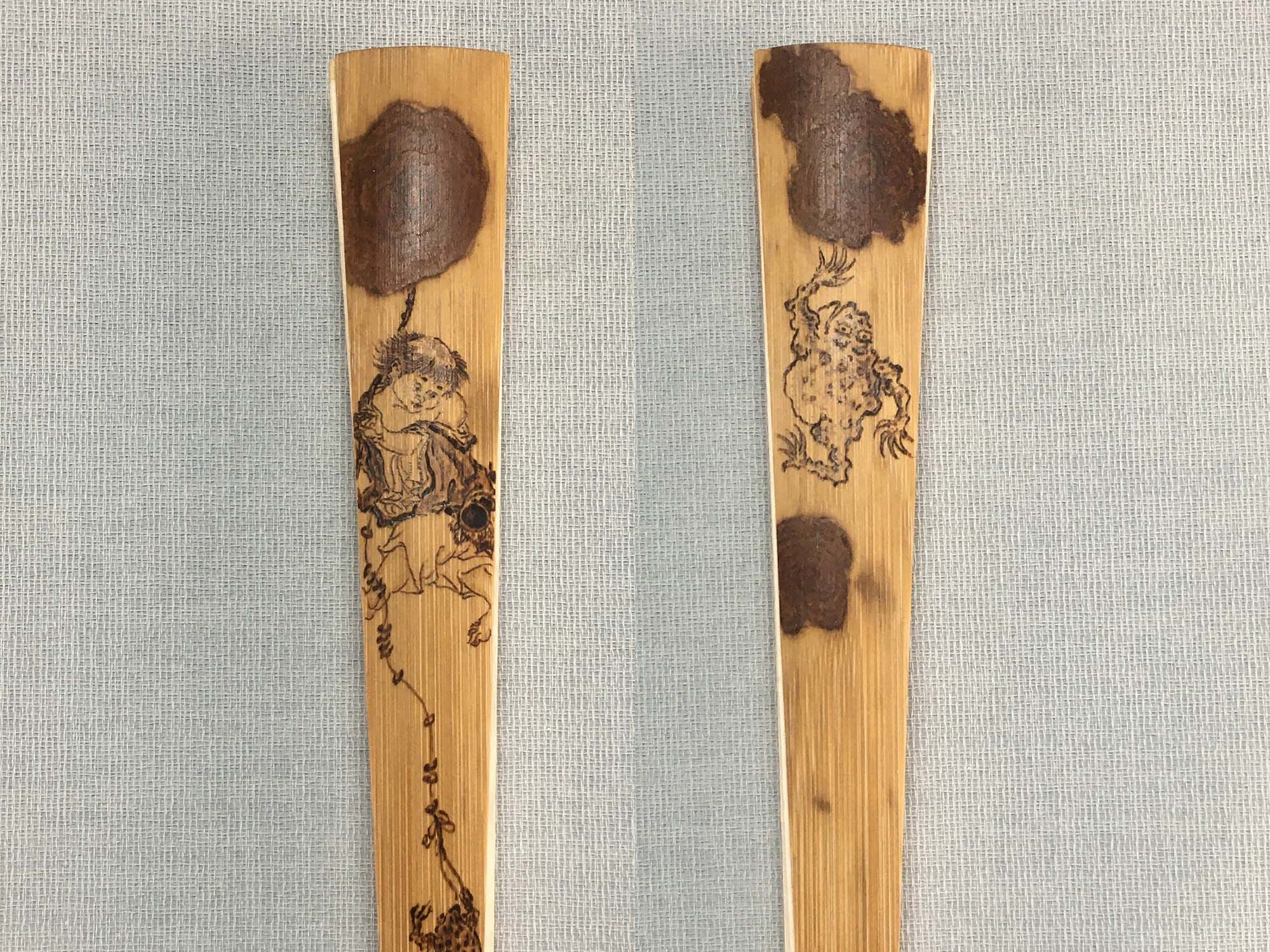 刘海戏金蟾纯手工烙画精制斑竹雕竹刻巧绘折扇骨文玩把件85寸11档