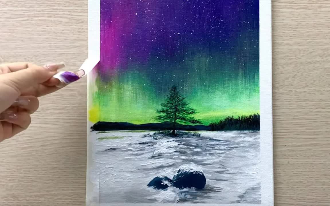 【丙烯画】【绘画教程】极光-how to paint aurora landscape acrylic