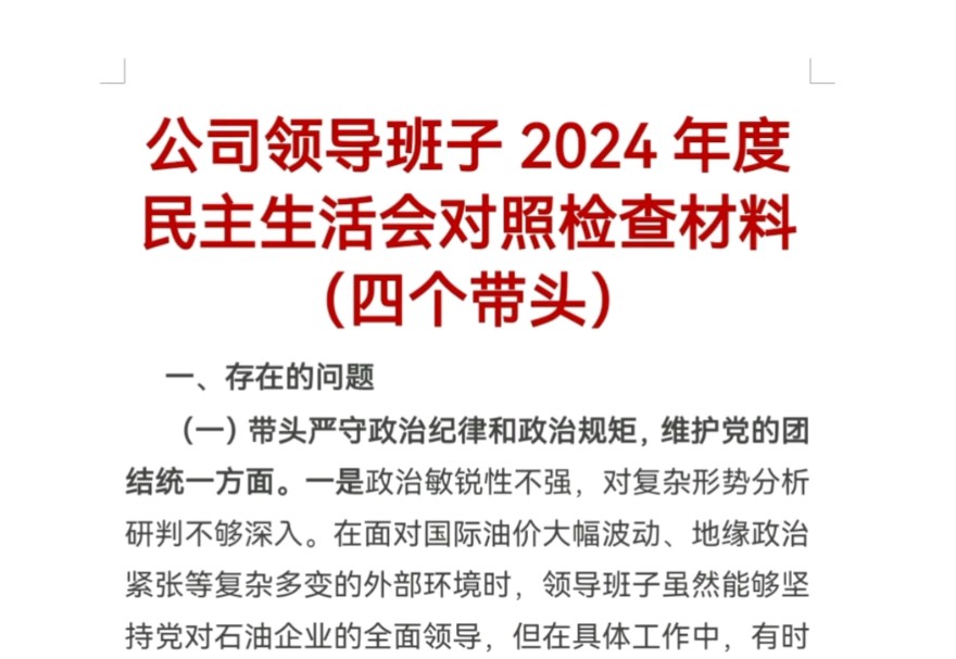 公司领导班子2024年度民主生活会对照检查材料(四个带头)哔哩哔哩bilibili