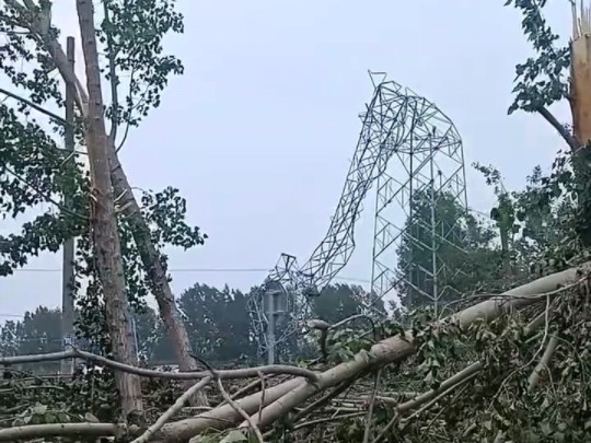 (风毁两段)2024年7月5日山东济宁梁山小安山镇李官屯村龙卷风,辐合倒树和电塔扭断哔哩哔哩bilibili