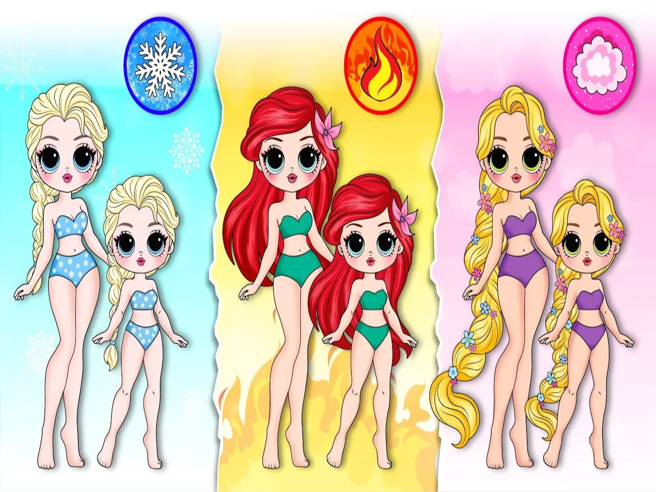 纸娃娃动画:艾莎vs美人鱼,挑战游戏变装,艾莎冰雪抹胸裙vs美人鱼火焰