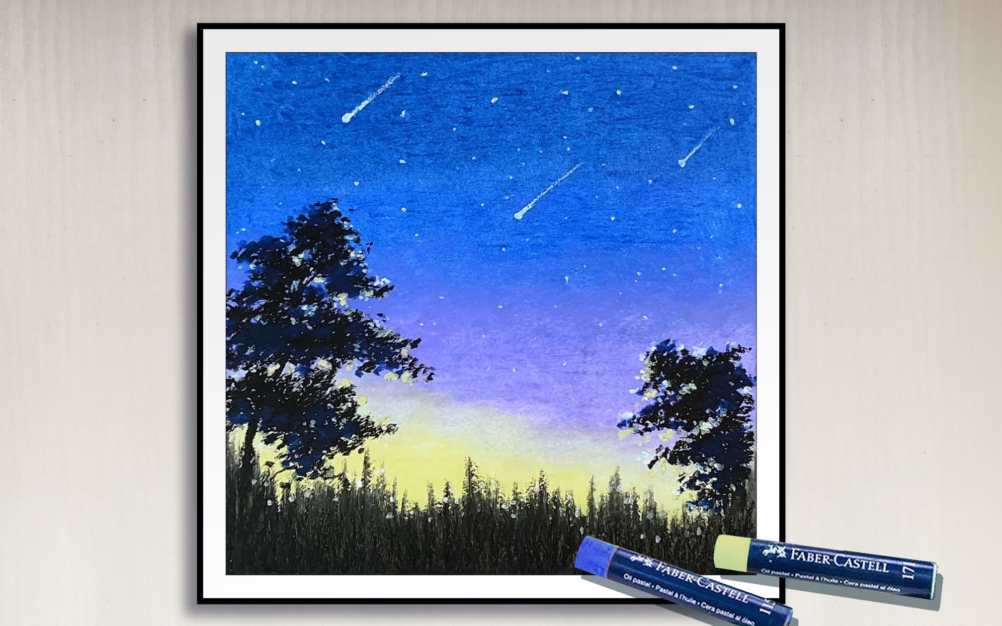 油画棒风景用油画棒画星空树影风景,完整手绘过程记录分享哔哩哔哩bilibili