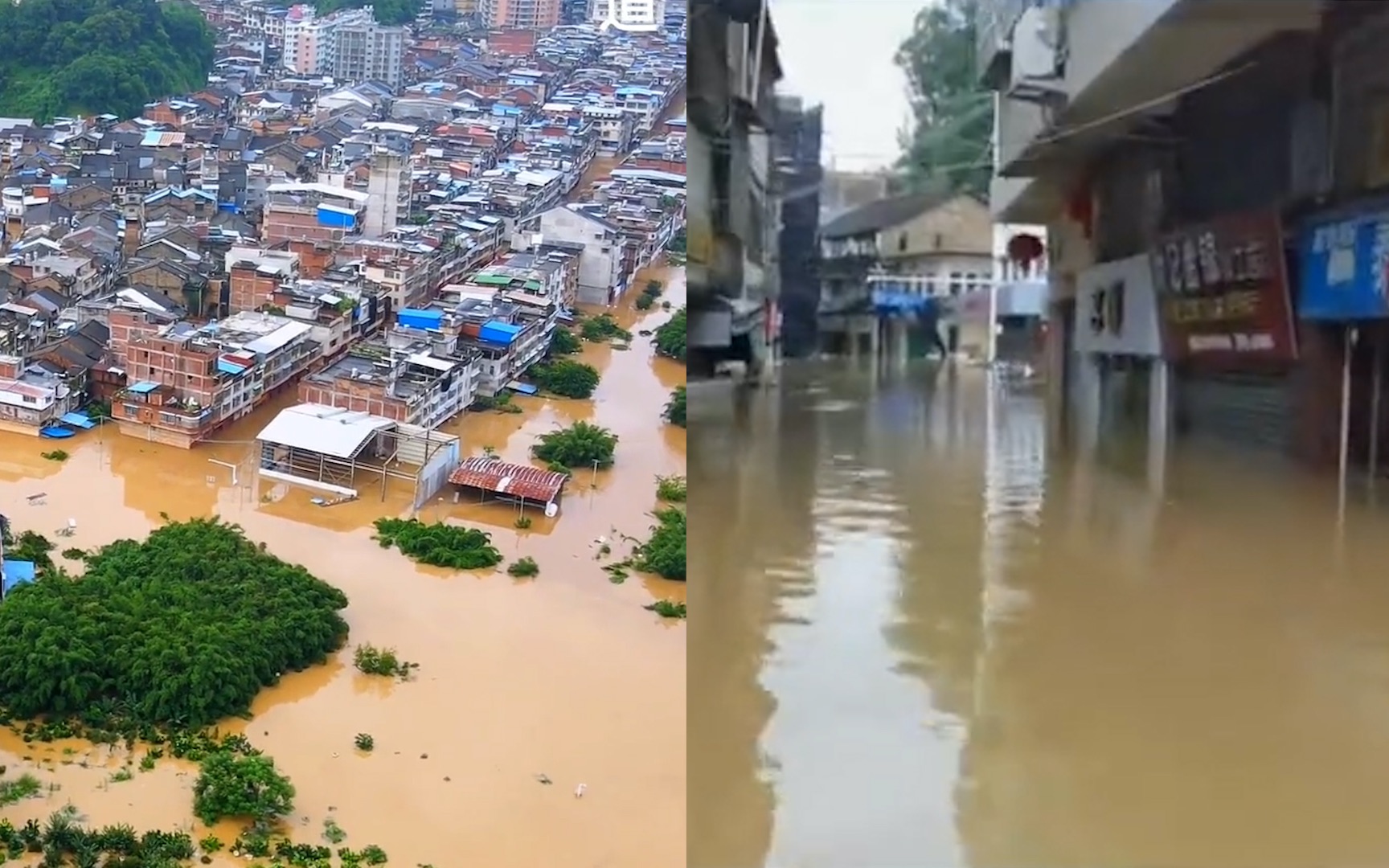 [图]广东梅州高陂镇遭洪水围困，沿街一楼房屋商铺被水浸泡 航拍现场
