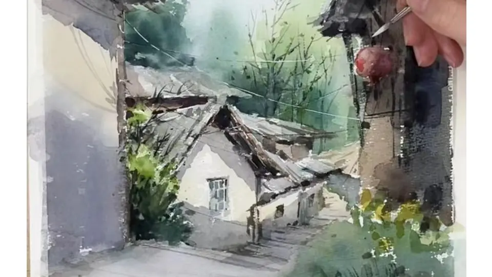 水彩风景】知清老师水彩绘画分享风景上色原速度调色【插画良品直播间 